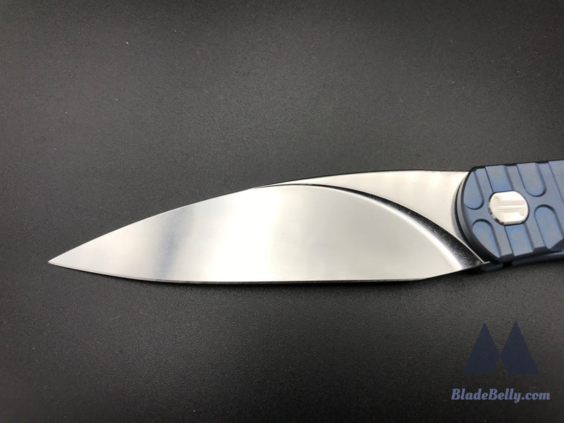 Craig Brown Exponent - Polished Stonewashed Blade W/ H Milled Pattern Blue Anodized Handles