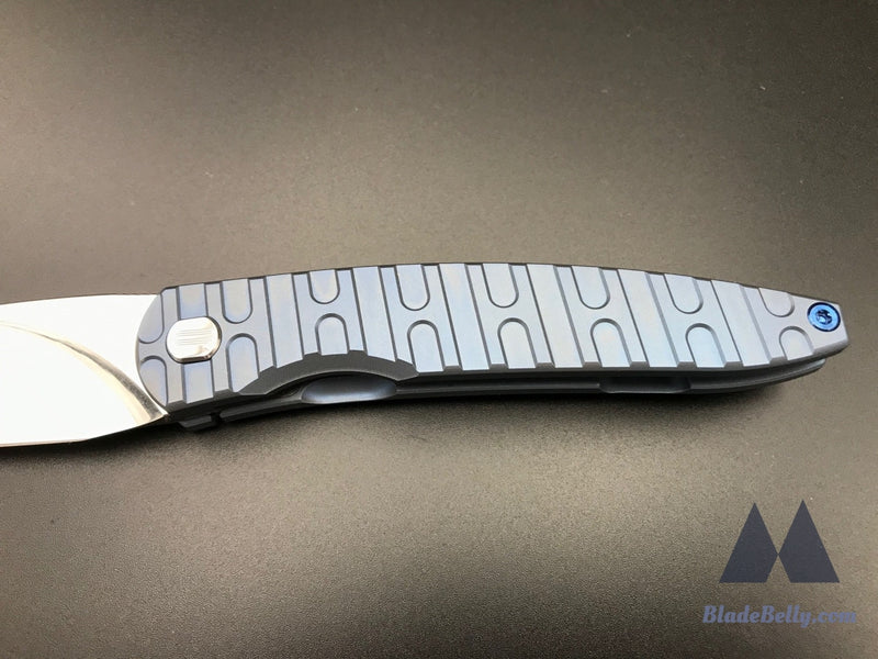 Craig Brown Exponent - Polished Stonewashed Blade W/ H Milled Pattern Blue Anodized Handles