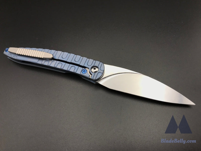 Craig Brown Exponent - Polished Stonewashed Blade W/ H Milled Pattern Blue Anodized Handles