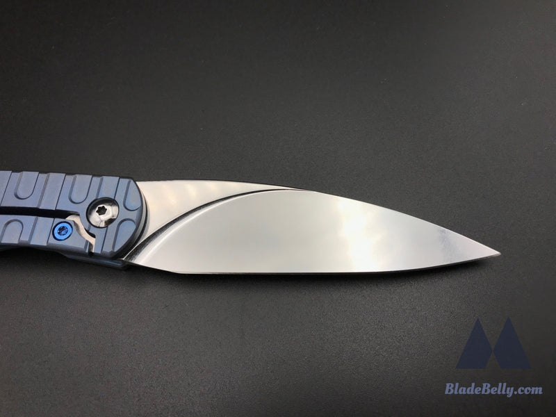 Craig Brown Exponent - Polished Stonewashed Blade W/ H Milled Pattern Blue Anodized Handles