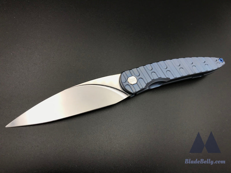 Craig Brown Exponent - Polished Stonewashed Blade W/ H Milled Pattern Blue Anodized Handles