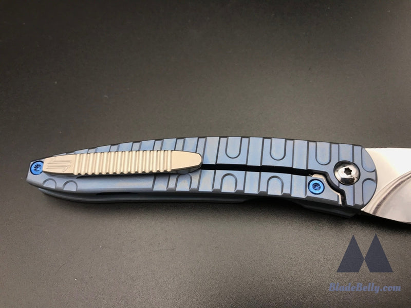 Craig Brown Exponent - Polished Stonewashed Blade W/ H Milled Pattern Blue Anodized Handles