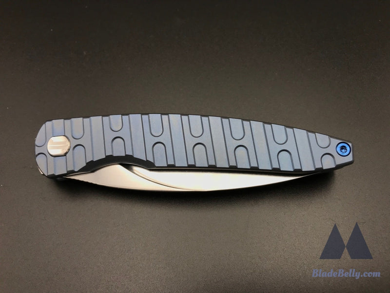 Craig Brown Exponent - Polished Stonewashed Blade W/ H Milled Pattern Blue Anodized Handles