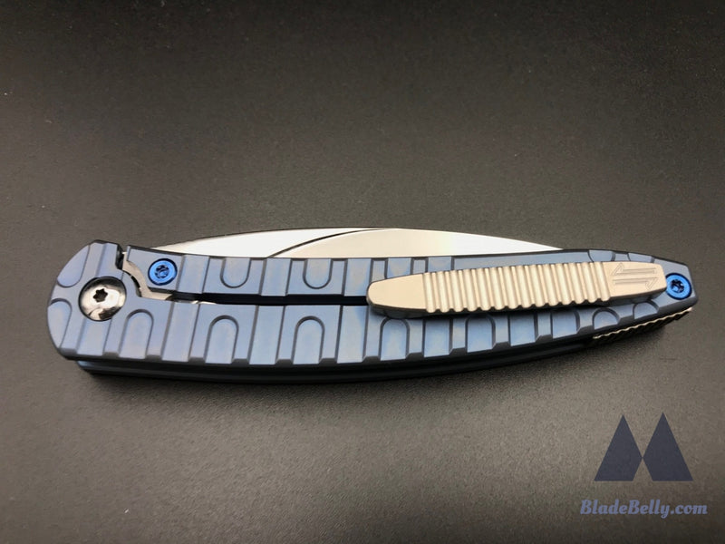 Craig Brown Exponent - Polished Stonewashed Blade W/ H Milled Pattern Blue Anodized Handles