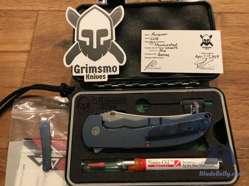 Grimsmo Norseman - Contoured Blue Handle Timascus Clip