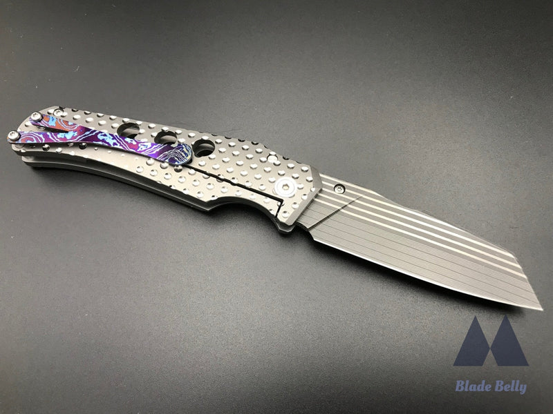 Jason Guthrie Scout - Bacon Damascus Wharncliffe W/ Raindrop Ti Handles And Timascus Clip