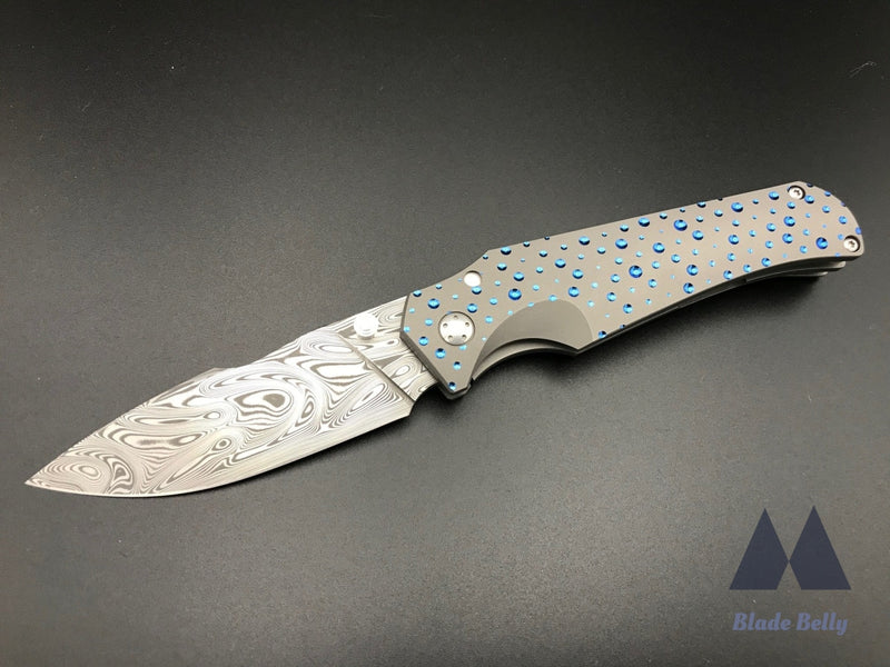 Jason Guthrie Scout - Damasteel Harpoon Drop Point W/ Blue Raindrop Milled Handles (Blade 2019)