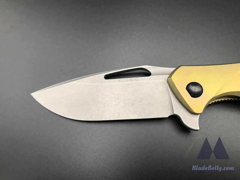 Koenig Arius - Stonewashed Drop Point Anodized Gold Textured Handle W/ Dlc Hardware