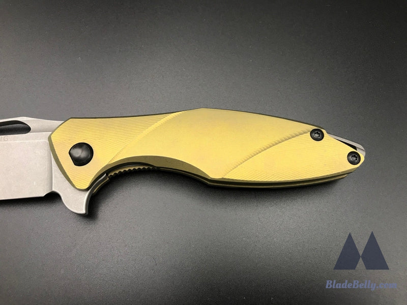 Koenig Arius - Stonewashed Drop Point Anodized Gold Textured Handle W/ Dlc Hardware