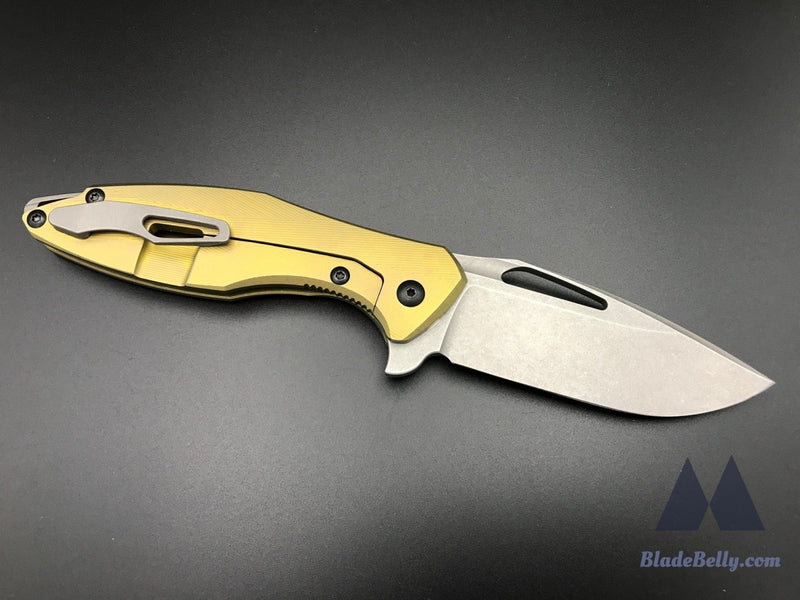 Koenig Arius - Stonewashed Drop Point Anodized Gold Textured Handle W/ Dlc Hardware