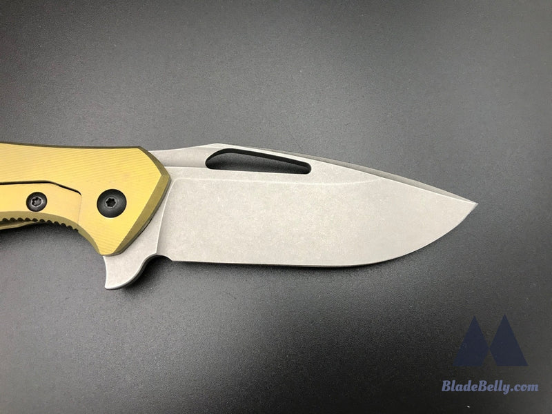 Koenig Arius - Stonewashed Drop Point Anodized Gold Textured Handle W/ Dlc Hardware