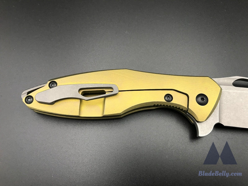 Koenig Arius - Stonewashed Drop Point Anodized Gold Textured Handle W/ Dlc Hardware