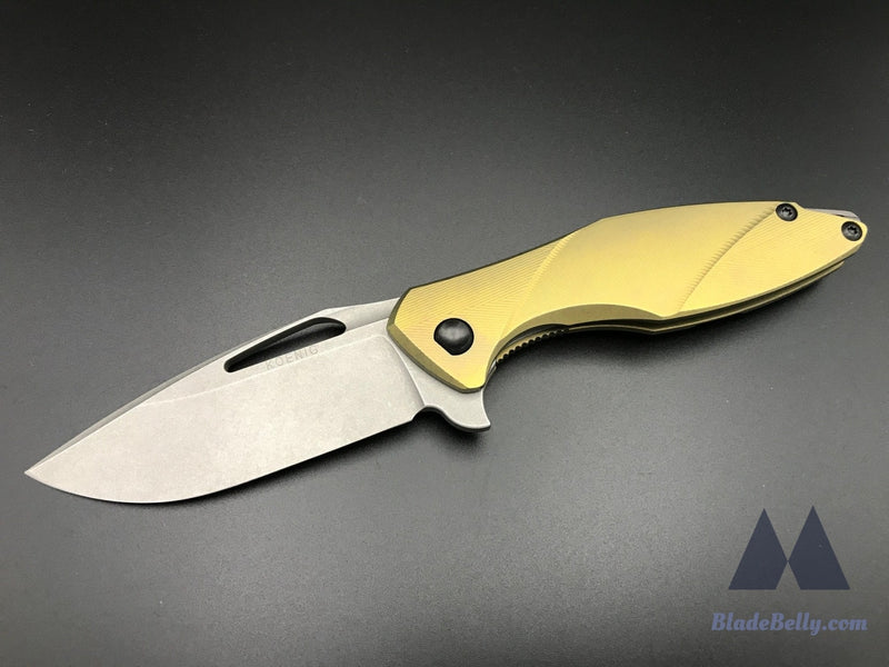 Koenig Arius - Stonewashed Drop Point Anodized Gold Textured Handle W/ Dlc Hardware