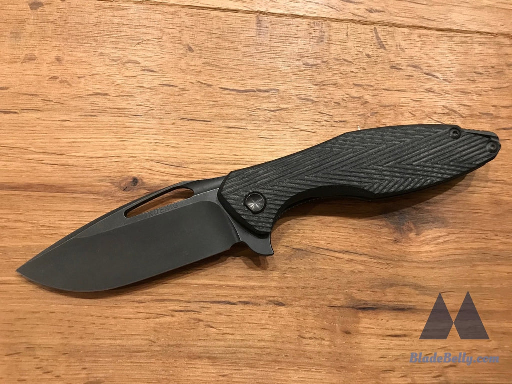 Koenig Arius - Tumbled Dlc Drop Point Black Textured Micarta And Hardware